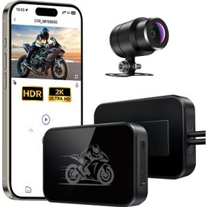 Motorcycle Dash Cam, 2K Ultra HD Front Dash Camera for Motorcycle, IP67 Waterproof, Loop Recording 24H Parking Monitor Wide Angle Night Vision with App Control, Max Support 128 GB