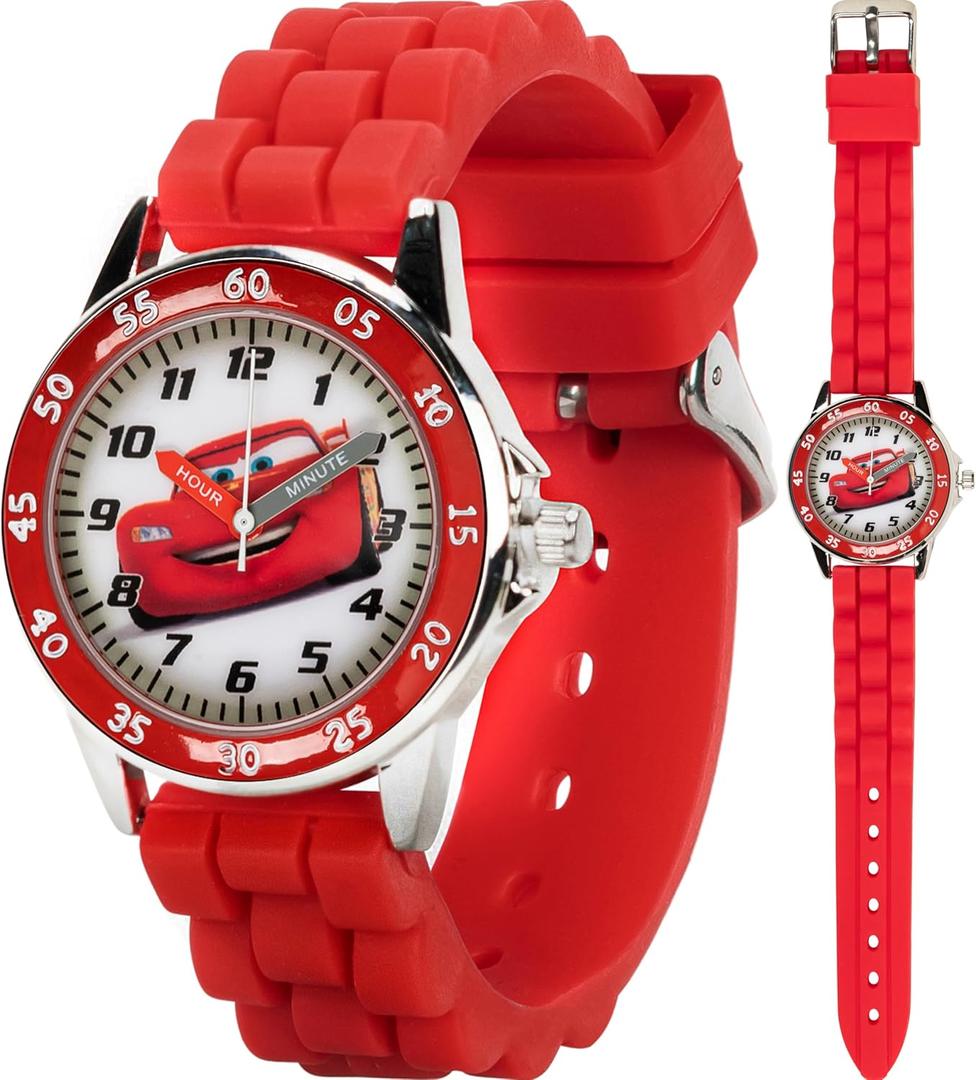 Disney Pixar Cars Kids' Time-Teaching Watch  Lightning McQueen Design with Red Silicone Strap, Easy-to-Read Dial, and Adjustable Fit for Wrists 5.5" to 8"