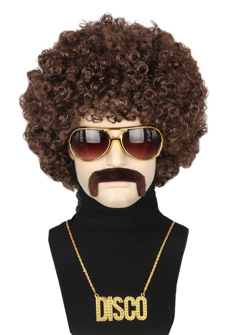 Topcosplay 70s 80s Brown Afro Wig for Men or Women Disco Rock Party Wig Outfit Short Curly Wigs Halloween Costume Accessories