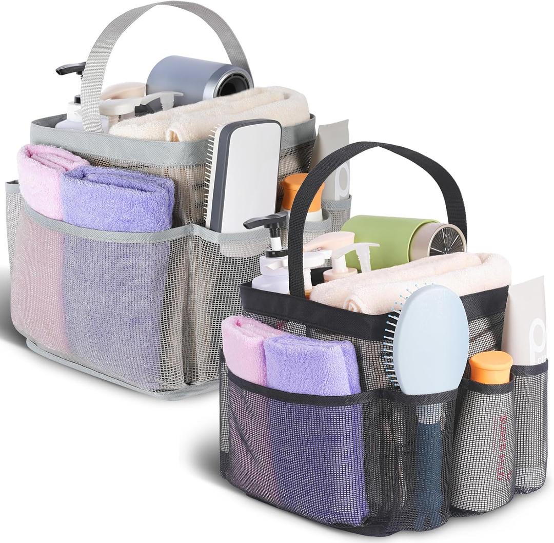 Pack of 2 Mesh Shower Caddy Portable for College Dorm Room Essentials, Shower Caddy Dorm with 8-Pocket Large Capacity, Shower Bag for Beach, Swimming, Gym (All Black/All Grey)