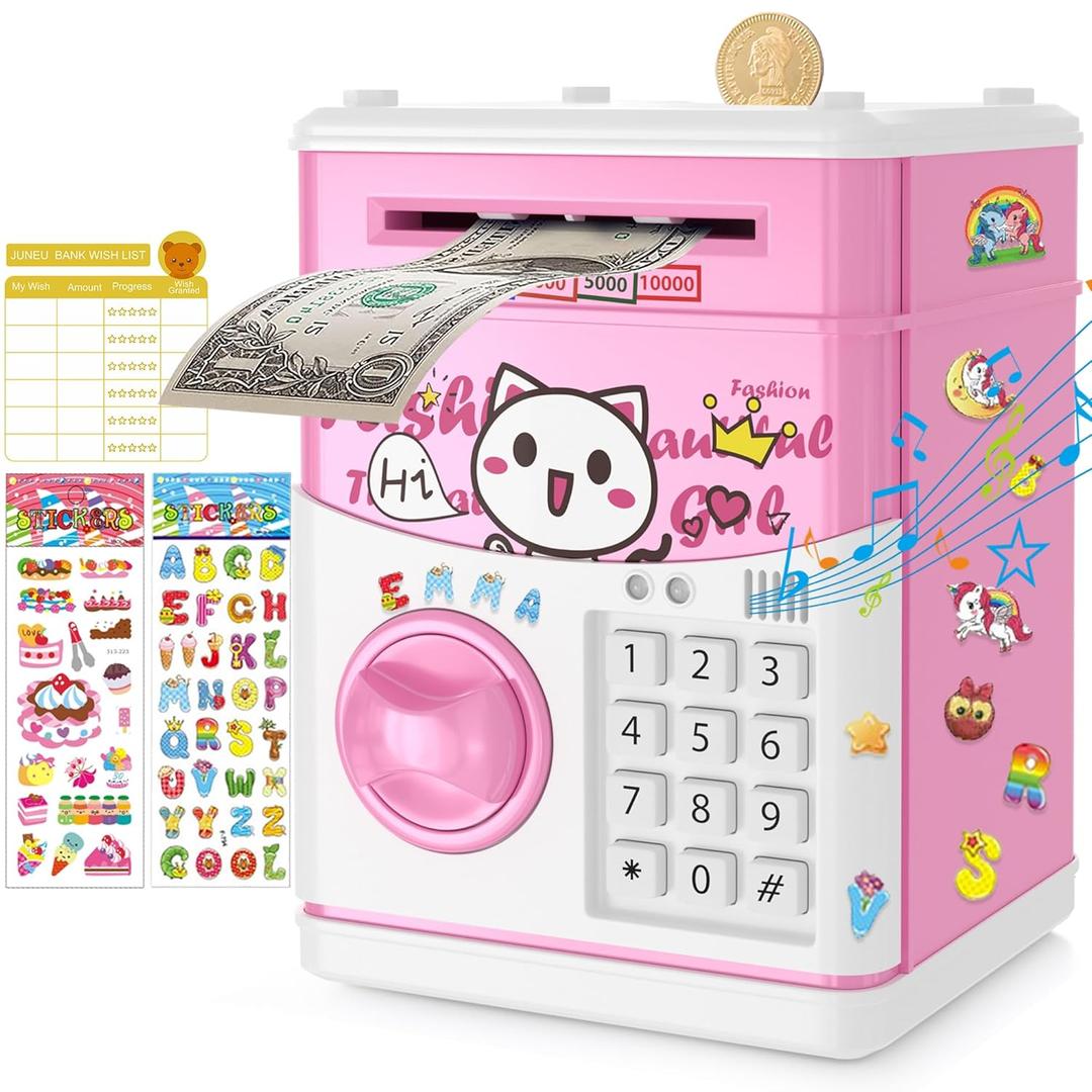 JUNEU Piggy Bank for Kids, 3 4 5 6 7 8 Year Old Girl Toys, Electronic Money Saving Box for Kids, Mini ATM Coin Bank, Birthday Gifts for Girls, Cool Stuff, Ideas, White Elephant Gifts