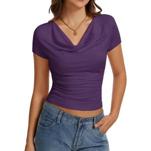 Women's Cowl Neck Tops Short Sleeve Slim Fit Ruched T-Shirts Summer Casual Dressy Business Blouses Going Out Top (M)
