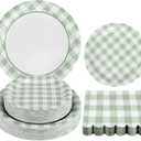 150Pcs Sage Green Gingham Party Supplies Green Gingham Paper Plates and Napkins Green Plaid Plates Disposable Greeny and White Plaid Party Decor for Birthday Family Picnic BBQ Party,Serves 50 Guests