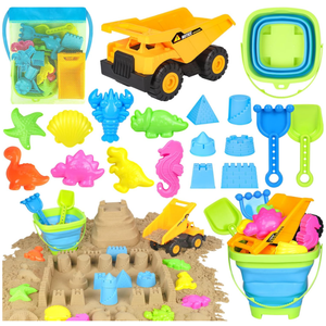 FHOZGECY Beach Toys, Sand Toys for Toddlers 3-5, Sandbox Toys with Dump Truck, Collapsible Beach Bucket, Sand Castle Building kit, Sand Molds, Beach Shovel, Mesh Bag, Travel Toys for Kids Ages 4-8