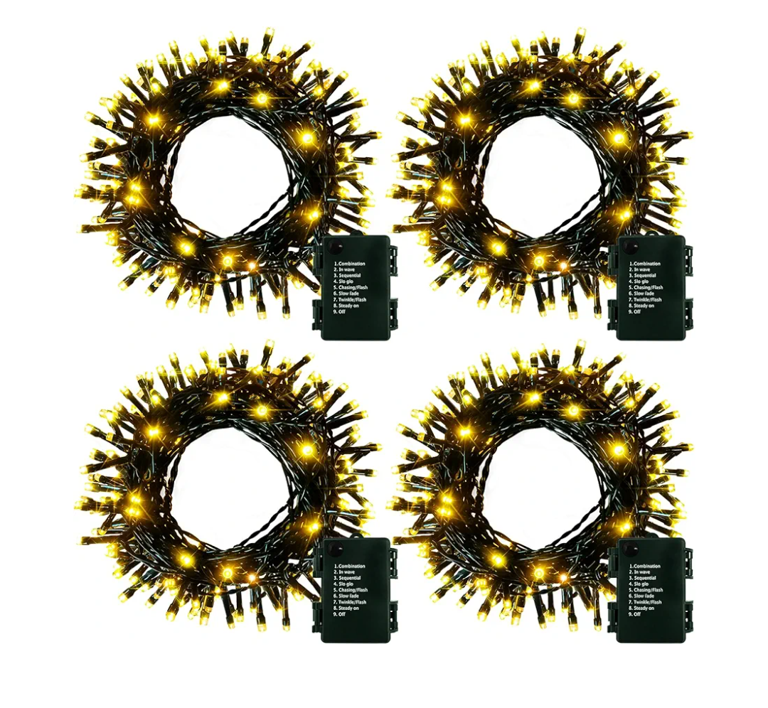 4 Pack- Battery Operated Outdoor Tree String Lights with 50 Warm White LEDs on 16.5ft/5m of Dark Green Cable, Outdoor Battery Xmas Wreath Lights with Timer for Christmas Yard Holiday Decoration