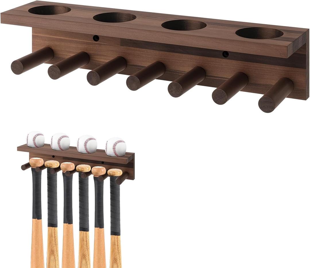 Weysat Baseball Bat and Ball Holder Wall Mounted Display Rack for 4 Sets of Baseballs and Bats, Wooden Storage Rack Stand Hanger Softball Storage Organizer (Walnut)