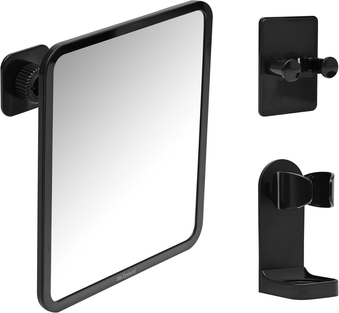 Fog Free Shower Mirror 87 Inches, Rotatable Bathroom Anti-Fog Mirror with Adjustable Shaver Hook, Shaver Holder & Makeup Mirror for Men Women, Black Shower Accessories