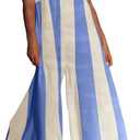 Summer Strapless Wide Leg Jumpsuits Women Cotton Striped Strapless Long Beach Rompers 2026 One Piece Outfits Pockets (L)