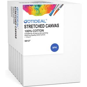GOTIDEAL Stretched Canvas, 9x12 Inch Set of 8, Primed White - 100% Cotton Artist Canvas Boards for Painting, Acrylic Pouring, Oil Paint Dry & Wet Art Media