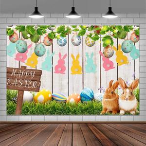 10X8ft Easter Backdrop Rustic White Wooden Wall Spring Easter Rabbit Garden Fence Grass Colorful Eggs Polyester (Green)
