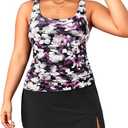 Daci Plus-Size Tankini with Skirt - Women Two Piece Swimsuits Tummy Control Bathing Suits Scoop Neck Swimwear, Purple Floral