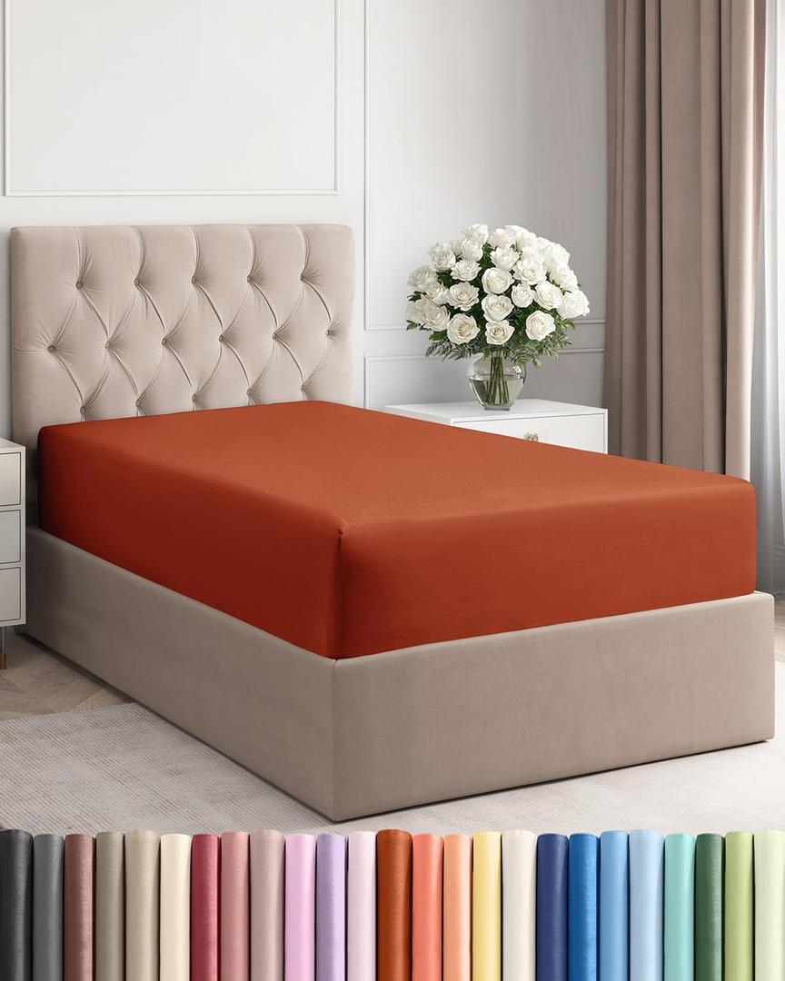 Twin Fitted Bed Sheet - Bottom Single Fitted Sheet Only - Soft Hotel Luxury Bedding w/ 8-16 Inch Deep Pockets - Breathable, Cooling & Wrinkle Free - Easy-Care, Fade and Shrink Resistant - Terracotta