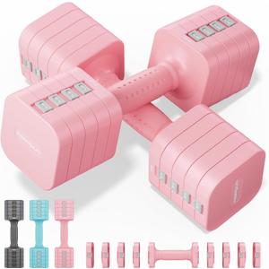 FEIERDUN 5-in-1 Adjustable Dumbbell Set of 2, 20LBS/10LBS Hand Weights for Women, 1s-Adjust Dual-Stable Dumbbell Set for Women Home Gym & Outdoor (Cute Pink(20LBS Total))