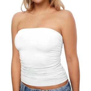 KKJ Womens Strapless Tube Tops Ruched Bandeau Stretchy Basic Going Out Summer Shirts Crop Tank Top, Small