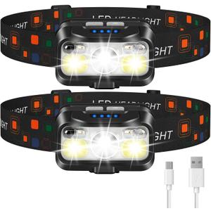 LHKNL Headlamp Rechargeable, Lumen Super Bright Motion Sensor Head Lamp Flashlight,2-Pack Waterproof LED Headlight with White Red Light,8 Modes Head Lights for Camping Cycling Running Fishing (Black)