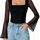 Avidlove Bodysuits for Women Long Bell Sleeve Mesh Square Neck Body Suits Going Out Tops Country Concert Outfits (Small, Black)