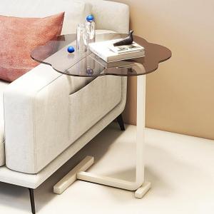 Glass C Table, Clear C Shaped End Table for Couch and Bed, Small Couch Side Tables That Slide Under, C Shaped Tempered Glass Snack Coffee Table for Small Spaces, Flower & Round Shaped(Flower black)