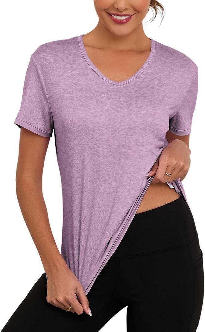 V Neck Workout Tops for Women UPF 50+ Breathable Loose Fit Short Sleeve Tee Shirt Yoga Gym Basic T Shirts (Purple, XL)