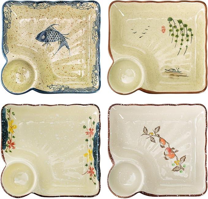 3 Pack 7.3-Inch Ceramic Sushi and Dumpling Plates with Divided Dipping Saucers, Japanese Style Chip and Dip Platters for Appetizers, Snacks, Charcuterie, Desserts, Salad, Party Serving