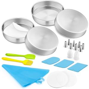 E-far 6 Inch Cake Pans Set of 4, Stainless Steel Round Baking Cake Pan Tins with Decorating Supplie Including Parchment Paper Icing Tips Spatula Scrapper, Non-toxic & Healthy, Dishwasher Safe