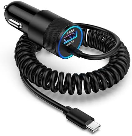 Type C Fast Car Charger for Galaxy A56/A16/S25 Ultra/S25/S25 Plus/S24 FE/S24/S23/S23 Ultra/A15/A55/A54/A14 5G Pixel 9 8 Pro iPhone 16e, QC3.0 18W Car Phone Charger Adapter PD30W USB C Coiled Cable 3FT