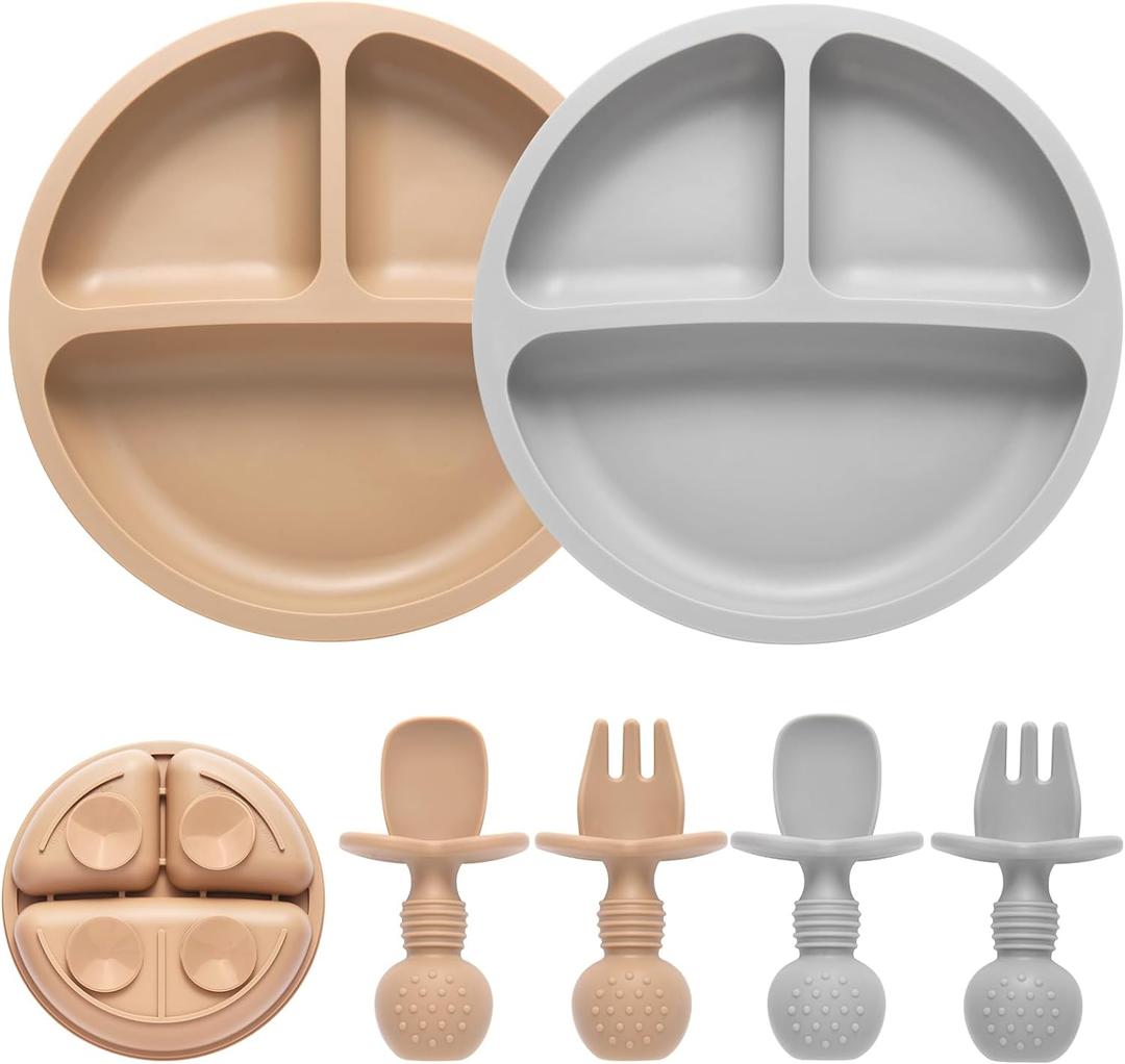 Eascrozn Silicone Baby Feeding Set, 2 Pack Divided Baby Plates with Suction, 2 Pack Spoons and Forks Set, BPA Free, Baby Led Weaning Supplies for Toddler Utensils Baby Feeding Essentials (Brown)