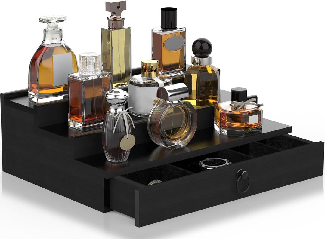 Cologne Organizer for Men, 3 Tier Wood Perfume Organizer with Felt Lining Drawer and Hidden Compartment, Black Perfume Display Holder, A Gift for Men