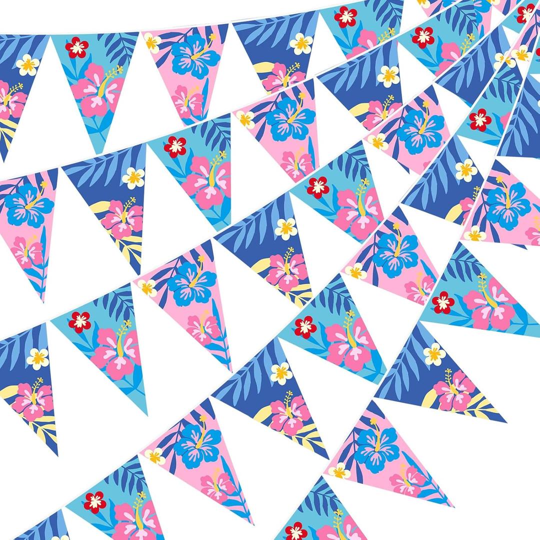 Pasimy 5 Pcs Cartoon Hawaiian Party Decorations Pink Blue Hawaiian Hibiscus Pennant Banners Flower Bunting Pre-Strung Paper Triangle Flags for Cartoon Tropical Luau Birthday Baby Shower Party Supplies