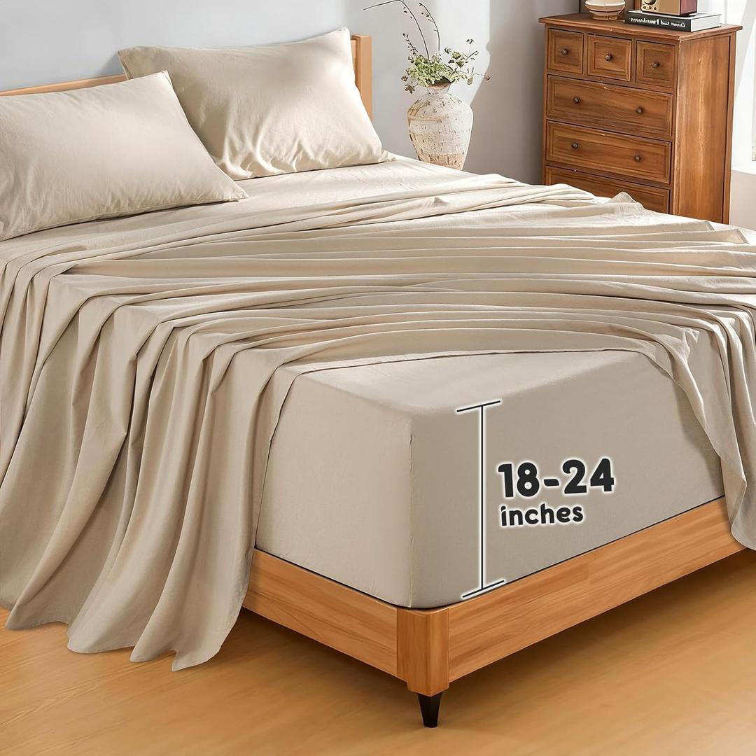 SONORO KATE 100% French Pure Linen Sheets, Extra Deep Pocket up to 18"-24", Breathable and Durable Linen Sheets, Anti-Tear Linen Bed Sheets, Machine Washable - 4 Piece (Natural Linen, King(24" deep))