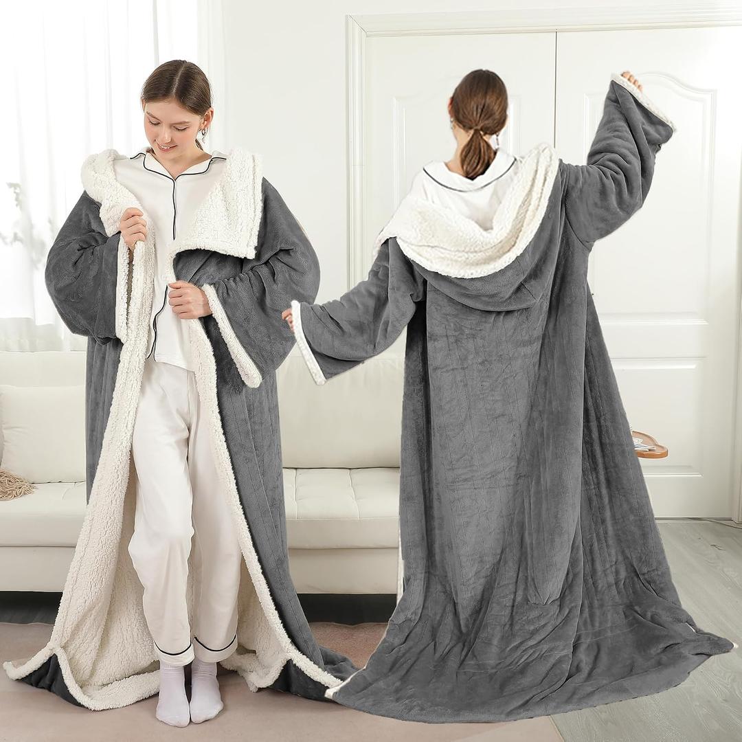 ESTINGO Wearable Electric Throw Heated Blanket with Foot Pocket, Heated Electric Blanket with Sleeves, 6 Heating Levels and 1-4H Timer, Heated Hoodie Women for Mom Grandma 50"70" Grey, 50"x70"