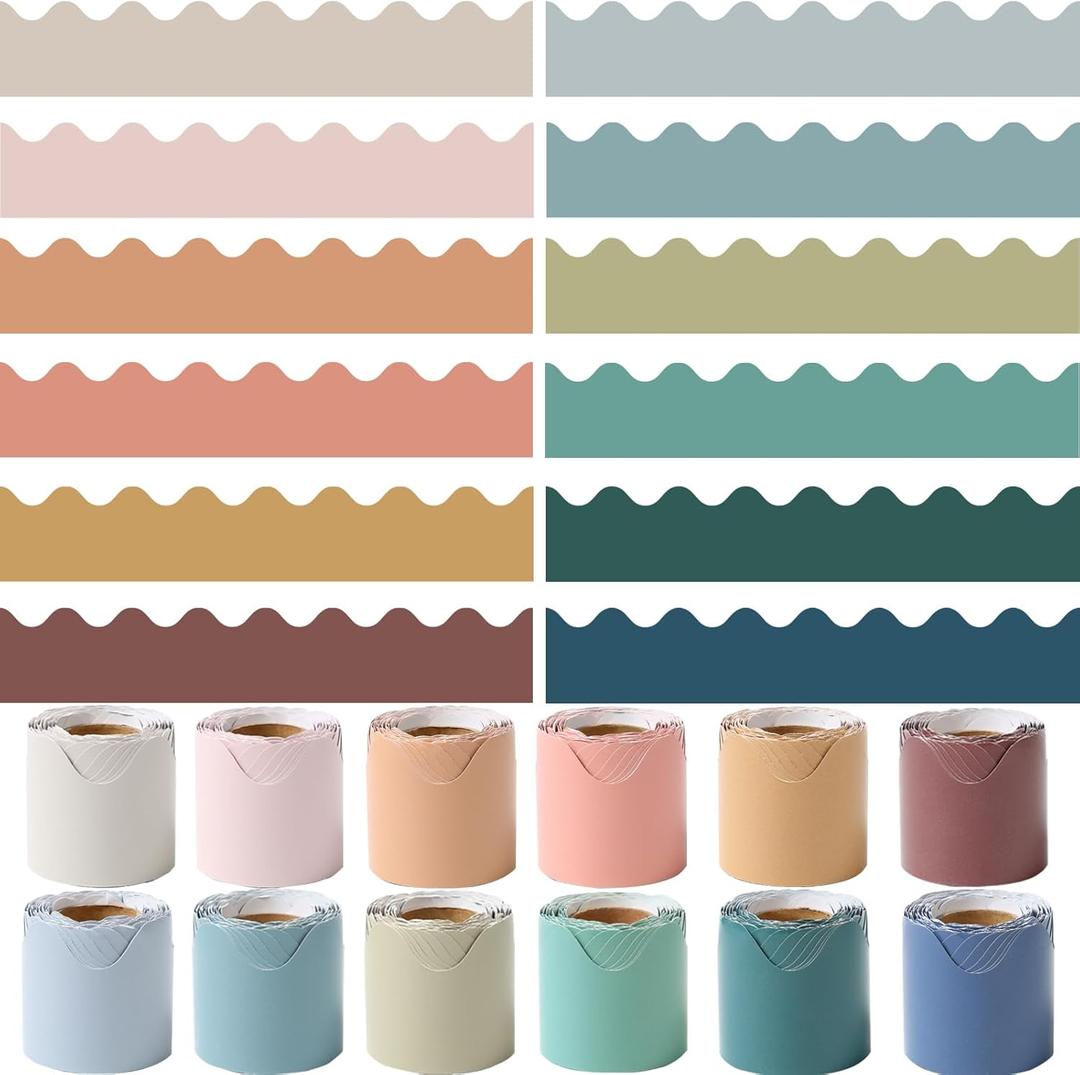 12 Rolls 393.6 Feet Colorful Bulletin Board Borders,Boho Colors Scalloped Bulletin Borders Decorative,Spring Bulletin Board Trim Poster Borders for,Classroom Decoration Strips