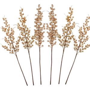 GREENTIME 6 Pack Golden Artificial Long Berry Stems Fake 25.2" Christmas Picks Faux Holly Berries Branches for Christmas Wreath Vase Holiday Home Decor