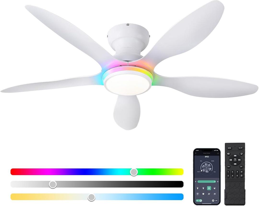 Ceiling Fans with Lights, 46-inch Modern Low Profile Ceiling Fan with Light and Remote App Control, Flush Mount, Quiet DC Reversible, RGB Led Ceiling Fan for Bedroom, Kitchen, Indoor/Outdoor Patio White