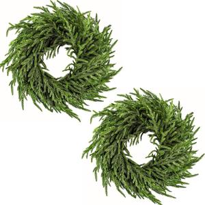 6 Pack Artificial Christmas Wreaths for Front Door, Norfolk Pine & Cedar Greenery with Red Velvet Bows, Real Touch Holiday Wreaths for Indoor Outdoor Decoration, No Assembly Needed