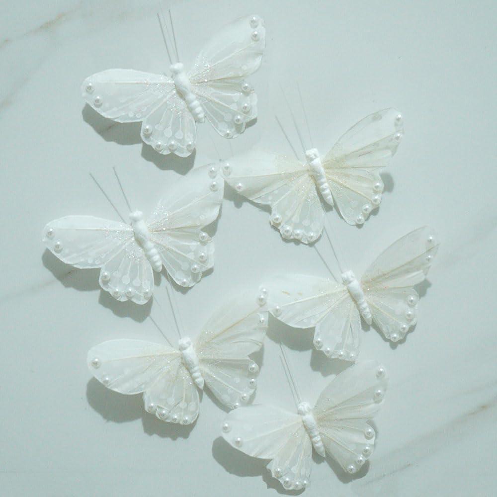 White Butterfly Stickers for Walls: 6pcs Feather Butterflies Wall Decor with Pearls Glitters for Girls Bedroom Baby Shower Wedding Cake Office Decor Floral Arrangement