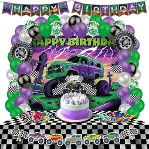 Monster Truck Birthday Decorations - Cake Topper, Banner, Backdrop, Latex Balloons, Foil Balloons, Table Cover, Sticker Set,149Pcs Set, Monster Truck Party Decorations (Purple and Green)