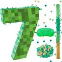 16 Inch Pixel Number 7 Pinata, Birthday Pinata with 16 Inch Piata Stick Blindfold Confetti for Kids 7th Birthday Party Decorations(7th)