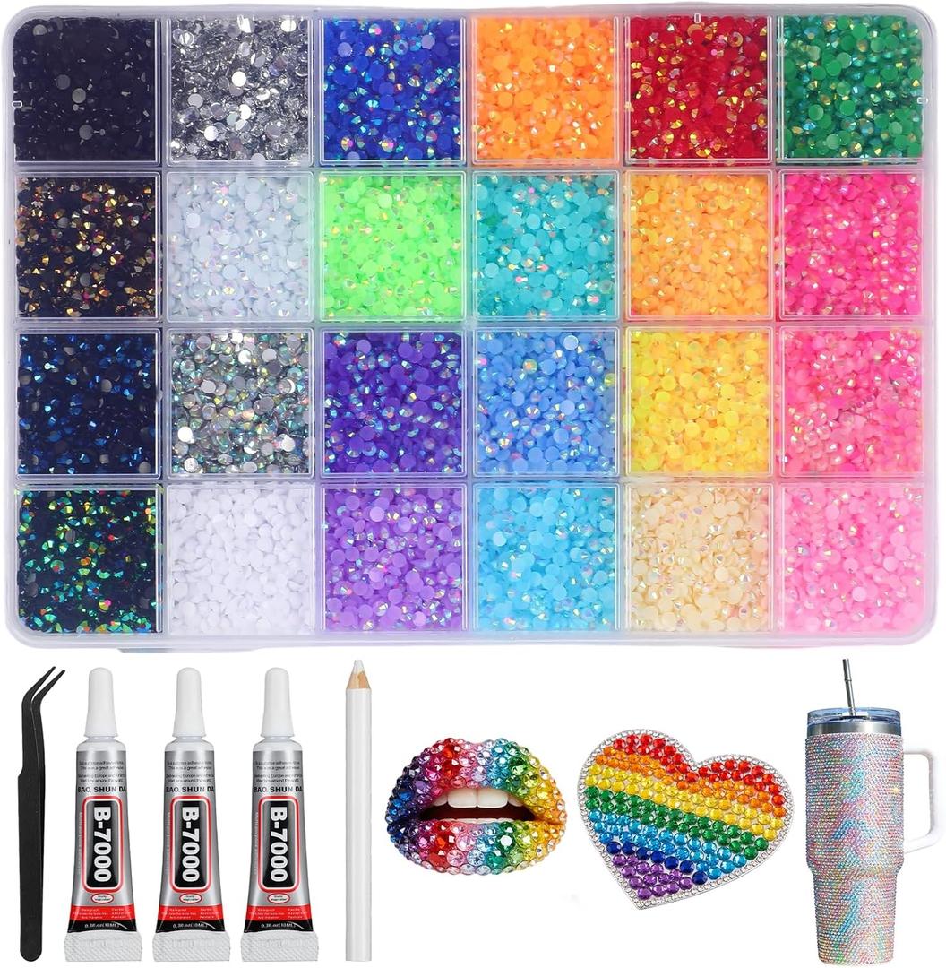 Resin Jelly Rhinestones for Bedazzling, Multifunctional Colorful DIY Resin Rhinestone Kit, Diamond Painting & Bedazzler Kit for Nails, Books, Crafts, Multicolor Rhinestones (24Colors-24000PCS)
