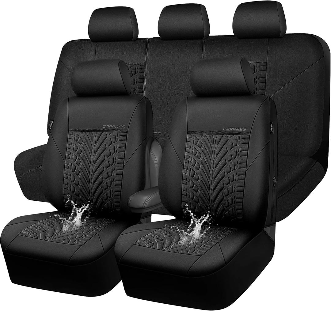 CAR PASS Neoprene Waterproof Seat Covers Full Sets, Wetsuit Car Seat Covers 5 Seats Universal Fit for Vans, Truck, SUV, 3D Tyre Embossed Seat Covers Anti Slip with Armrests, Airbag Compatible(Black)