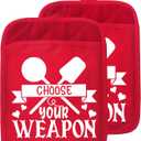 Funny Christmas Kitchen Pot Holders with Pockets, Choose Your Weapon Red Holiday Christmas Oven Pot Holders Heat Resistant Oven Mitts Hot Pads for Kitchen Baking Cooking