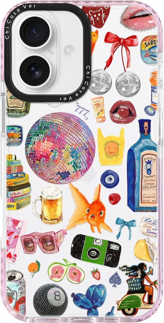 for iPhone 16 Plus Case, Retro Party Collage Pattern with Disco & Gin, Military-Grade Drop Protection, Cute Soft Slim TPU Protective Cover with Camera Protection for Women & Girls (LightBalls)