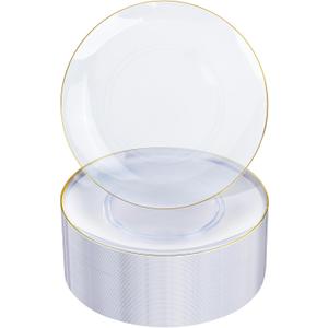 Nervure 100 Pieces Clear and Gold Plastic Plates - 10.25inch Gold Dinner Plate - Heavyweight Clear Disposable Plates Ideal for Party & Wedding