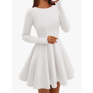 BTFBM Spring Dresses for Women 2026 Long Sleeve High Waist Pleated Flowy Aline Party Wedding Guest Dress Business Casual (M, White)