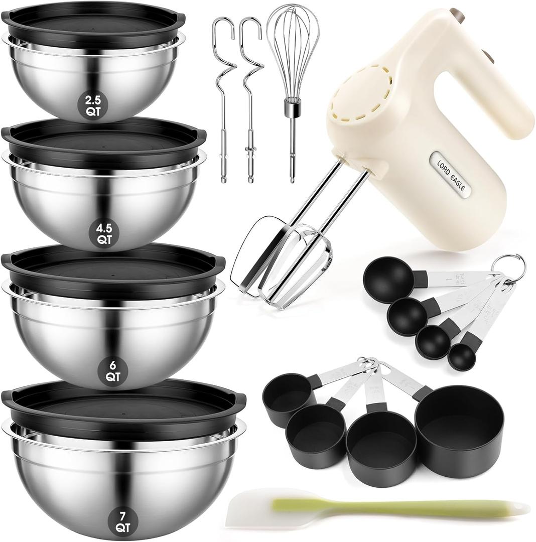 Lord Eagle 5-Speed Hand Mixer Electric Heldhand With Bowls Set, 300W Compact Mixer for Baking, Stainless Steel Mxing Bowl Measuring Cups Spoons (Universal)  (with bowl set)
