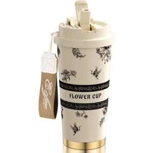 [2-IN-1 LID] Travel Mug,Coffe mug,Coffe cup,Ceramic coating Lined,316 Stainless Steel,BPA Free,Vacuum Insulated Tumbler for Water, Iced Tea or Coffee, Smoothie and More (Peony-White, 18 Onuces)