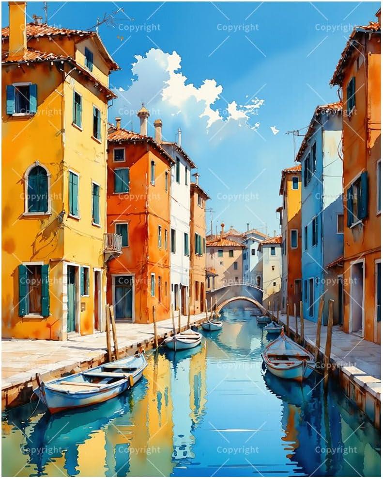 Venice Canal Paint by Numbers Kit for Adults - DIY Watercolor Scene Painting on Canvas 16x20 Inches, Acrylic Paint Set, Suitable for Beginners, Ideal for Home Decoration or Gifts