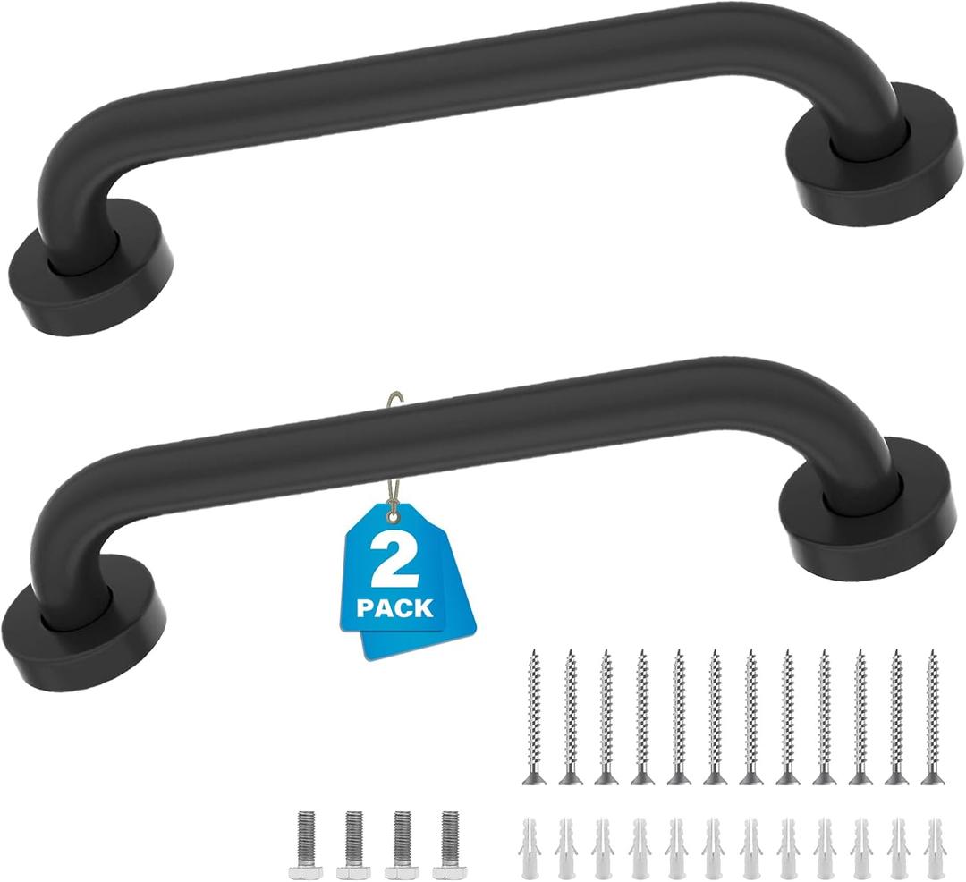 2 Pack 12 Inch Grab Bars for Bathtubs and Showers, Handicap Grab Bars, Shower Handle, Anti Slip Shower Handles for Elderly, Safety Shower Grab Bar, Stainless Steel, Black