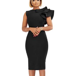 VASAUGE Women's Elegant Formal Bodycon Ruffle Sleeveless Midi Cocktail Party Dress (Large, Black)
