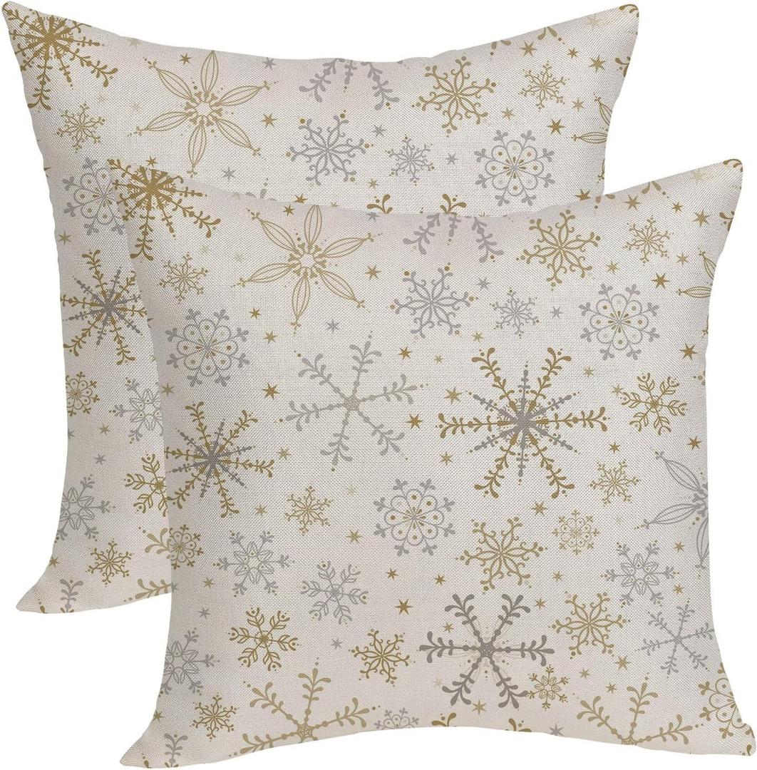 OFIRD Christmas Pillow Covers 18x18 Inches Pack of 2, Gold Gray Snowflake Throw Pillow Covers Christmas Decorative Pillowcase Winter Farmhouse Decoration Cushion Cover for Sofa Couch Christmas Decor