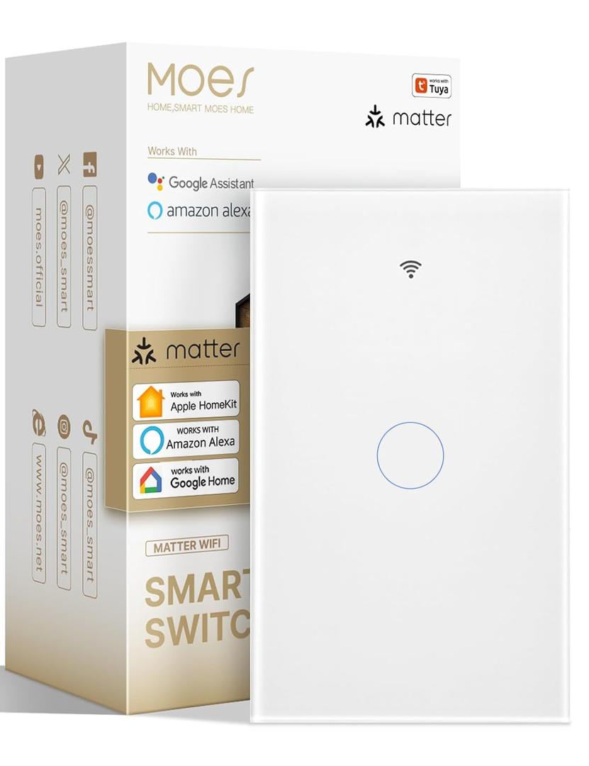 MOES Matter Smart Touch Wall Light Switch, Glass Panel Wi-Fi Wall Switch, Needs Neutral Wire, Single Pole, 2.4GHz, Timer and Schedule,Remote & Voice Control with Alexa, Google Home & Siri White 1 Gang